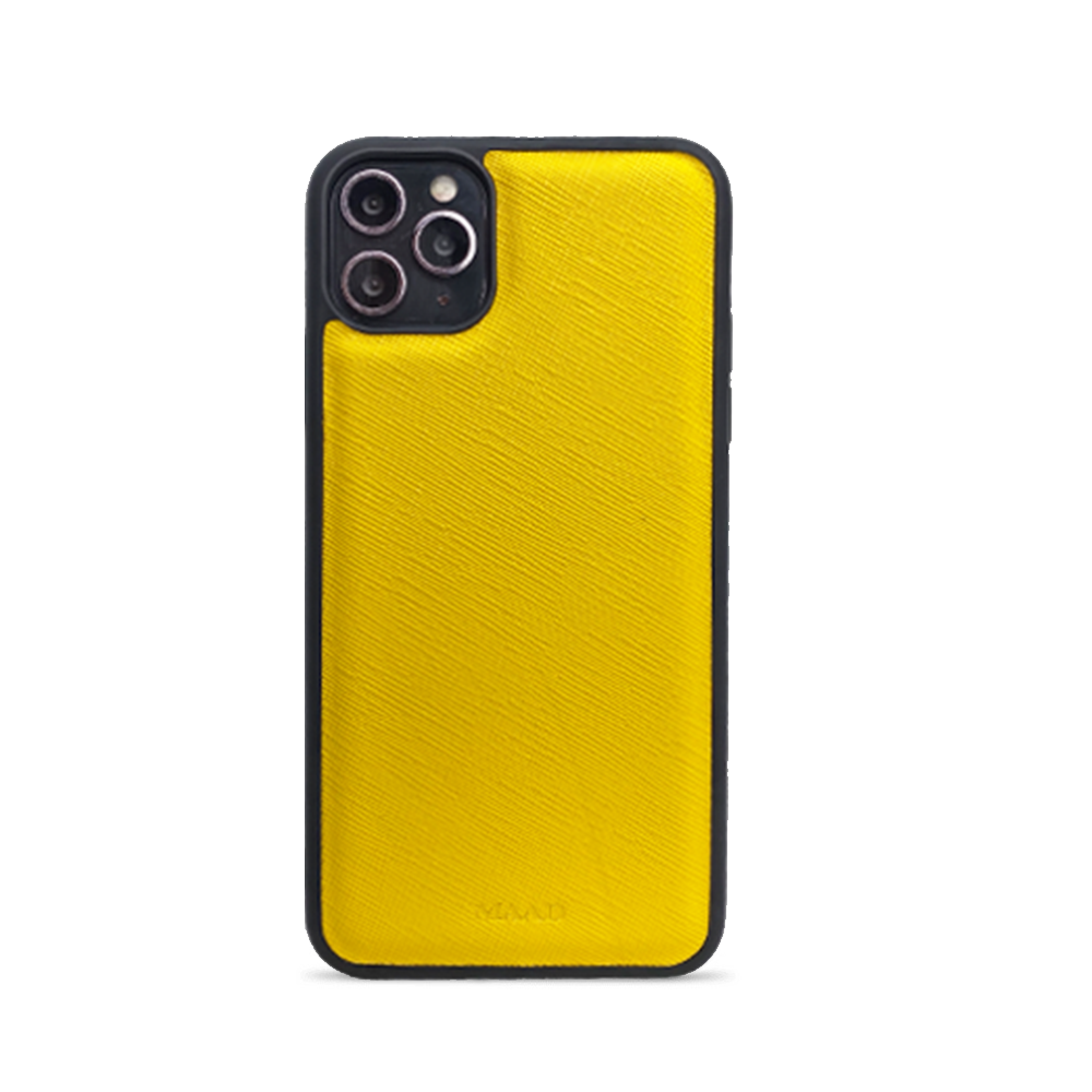 Stylish yellow saffiano leather case for iPhone 11 Pro Max with soft rubber edges, showcasing personalization options.