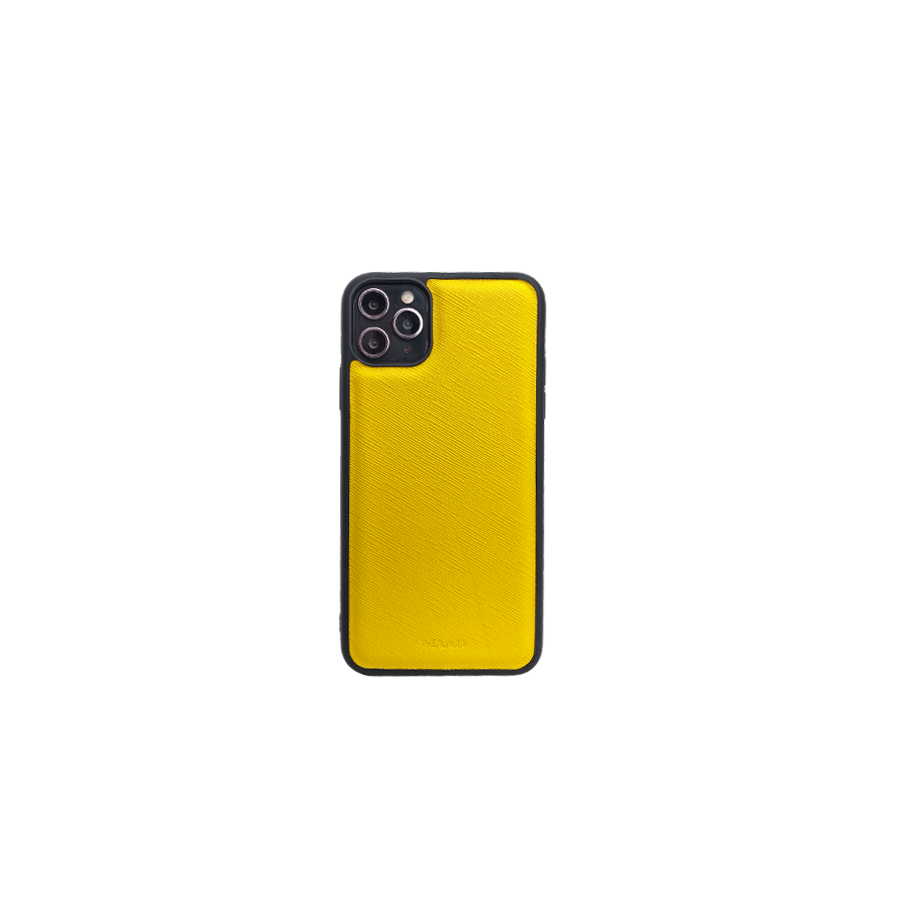 Stylish yellow saffiano leather case for iPhone 11 Pro Max with soft rubber edges, showcasing personalization options.