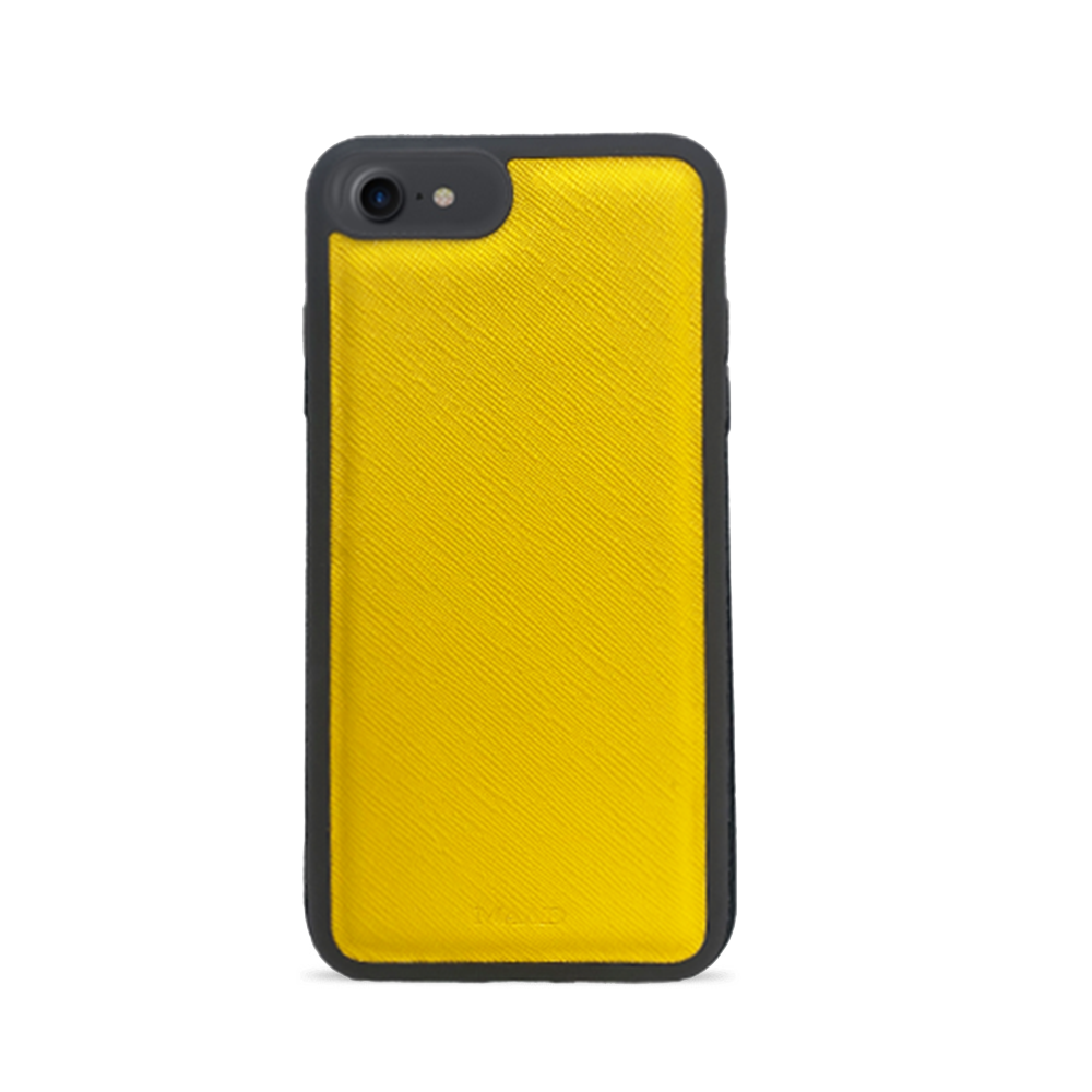 Yellow saffiano leather case for iPhone 7/8/SE with rubber rim, showcasing personalization options.