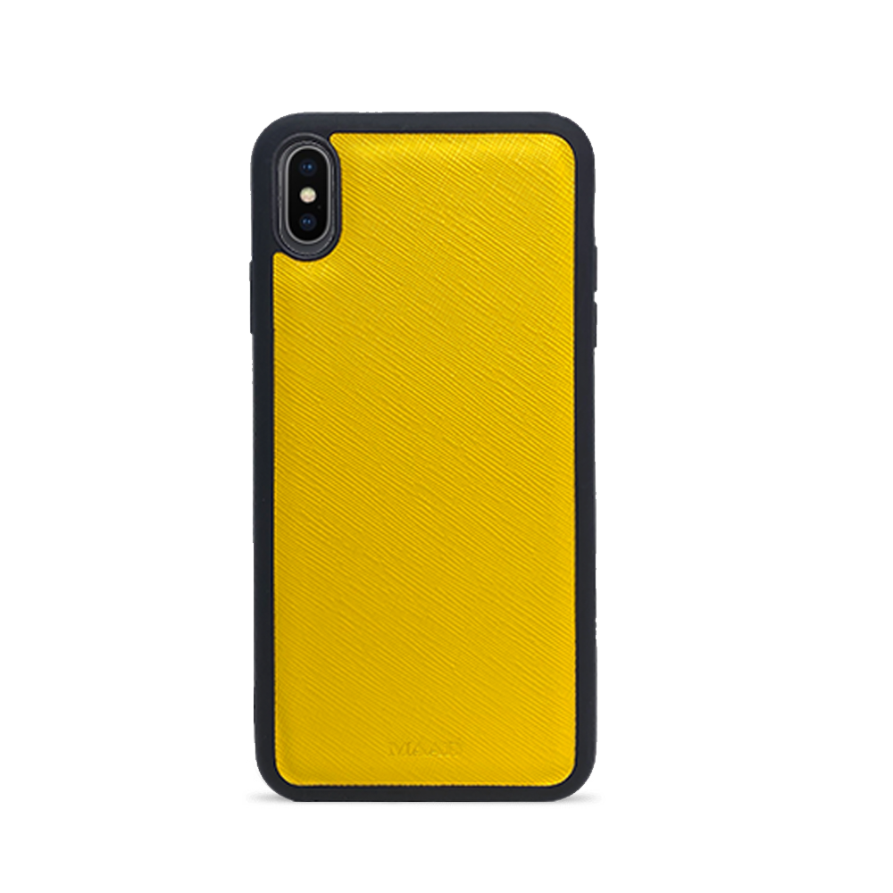 Stylish yellow saffiano leather case for iPhone XS MAX with rubber rim, showcasing personalization options.