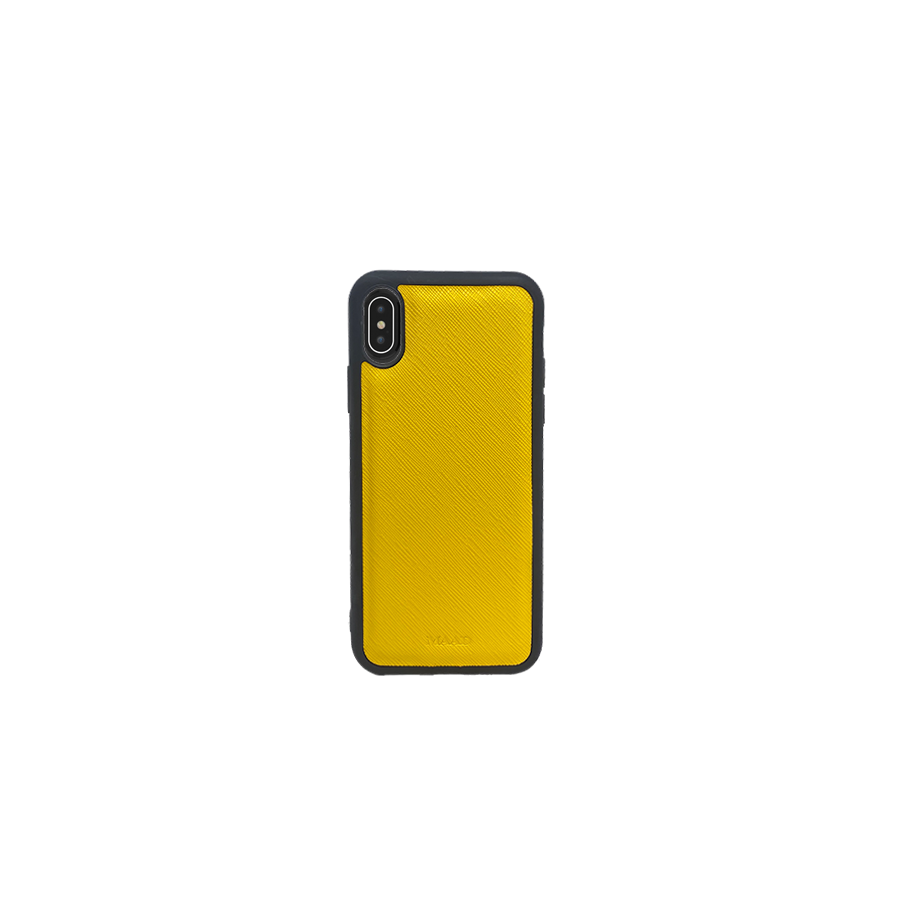 Stylish yellow saffiano leather case for iPhone XS MAX with rubber rim, showcasing personalization options.