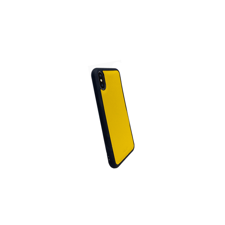 Stylish yellow saffiano leather case for iPhone XS MAX with rubber rim, showcasing personalization options.