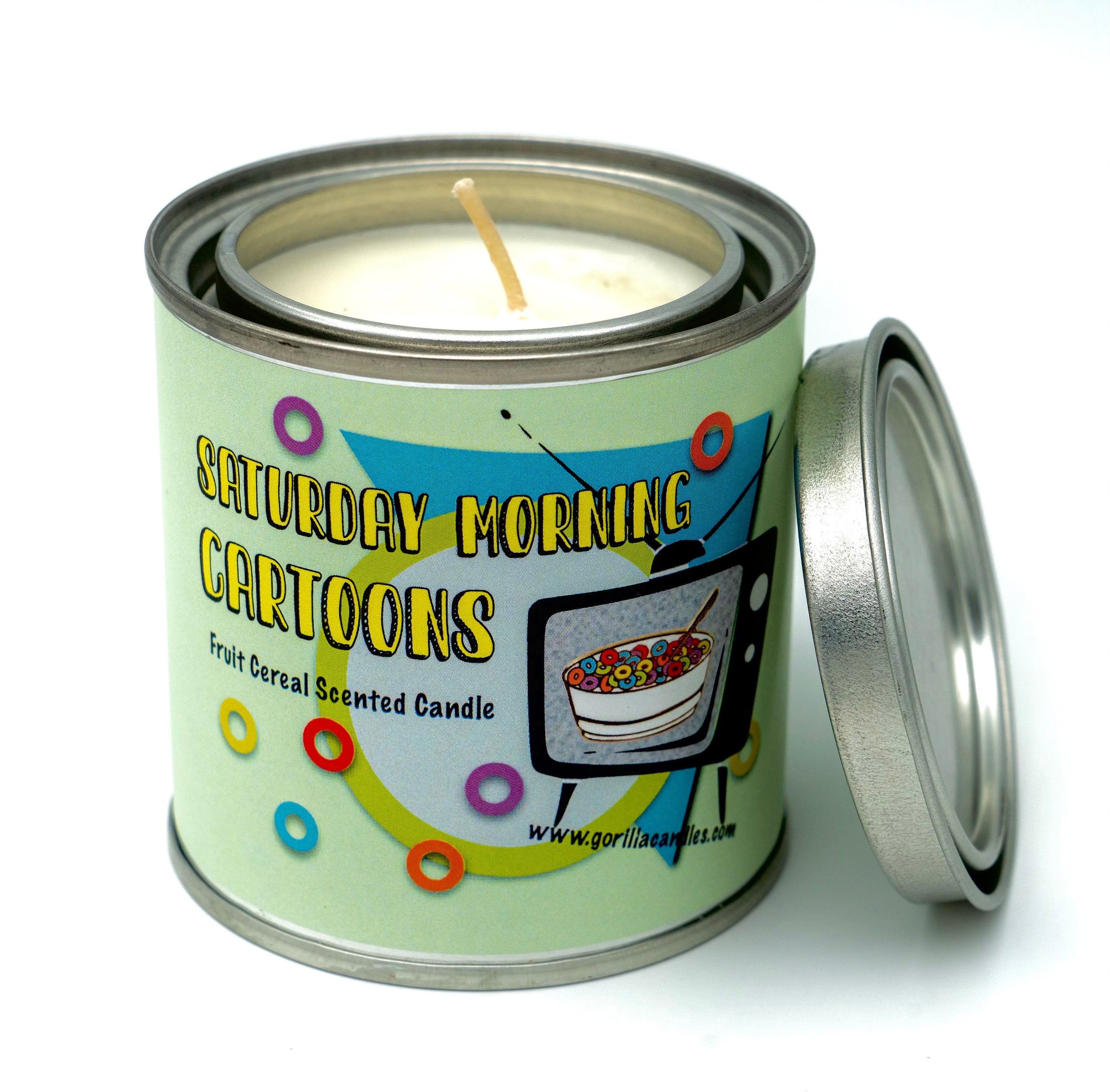 A retro-style paint can candle filled with soy wax, emitting a fruity cereal scent, perfect for nostalgic decor.