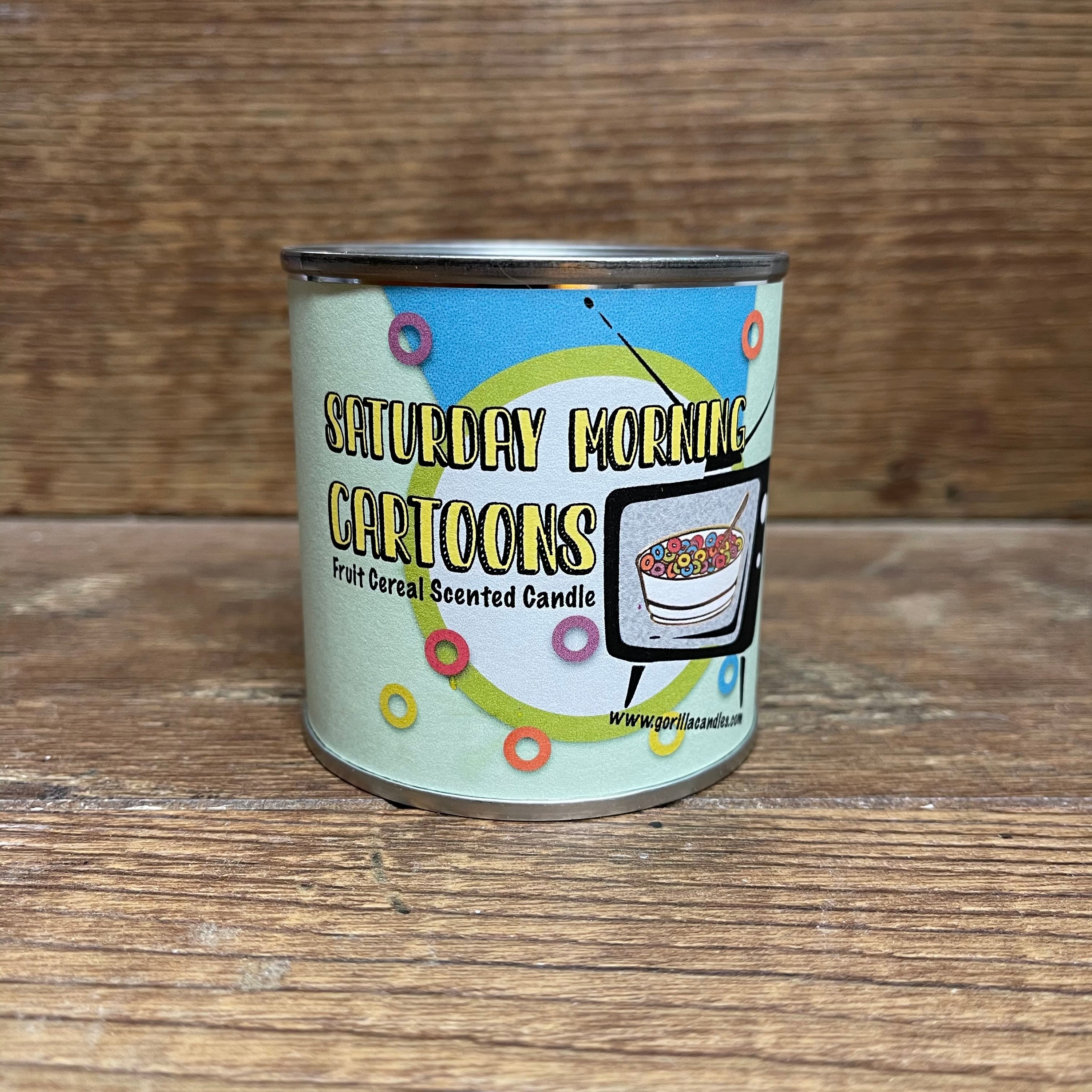 A retro-style paint can candle filled with soy wax, emitting a fruity cereal scent, perfect for nostalgic decor.