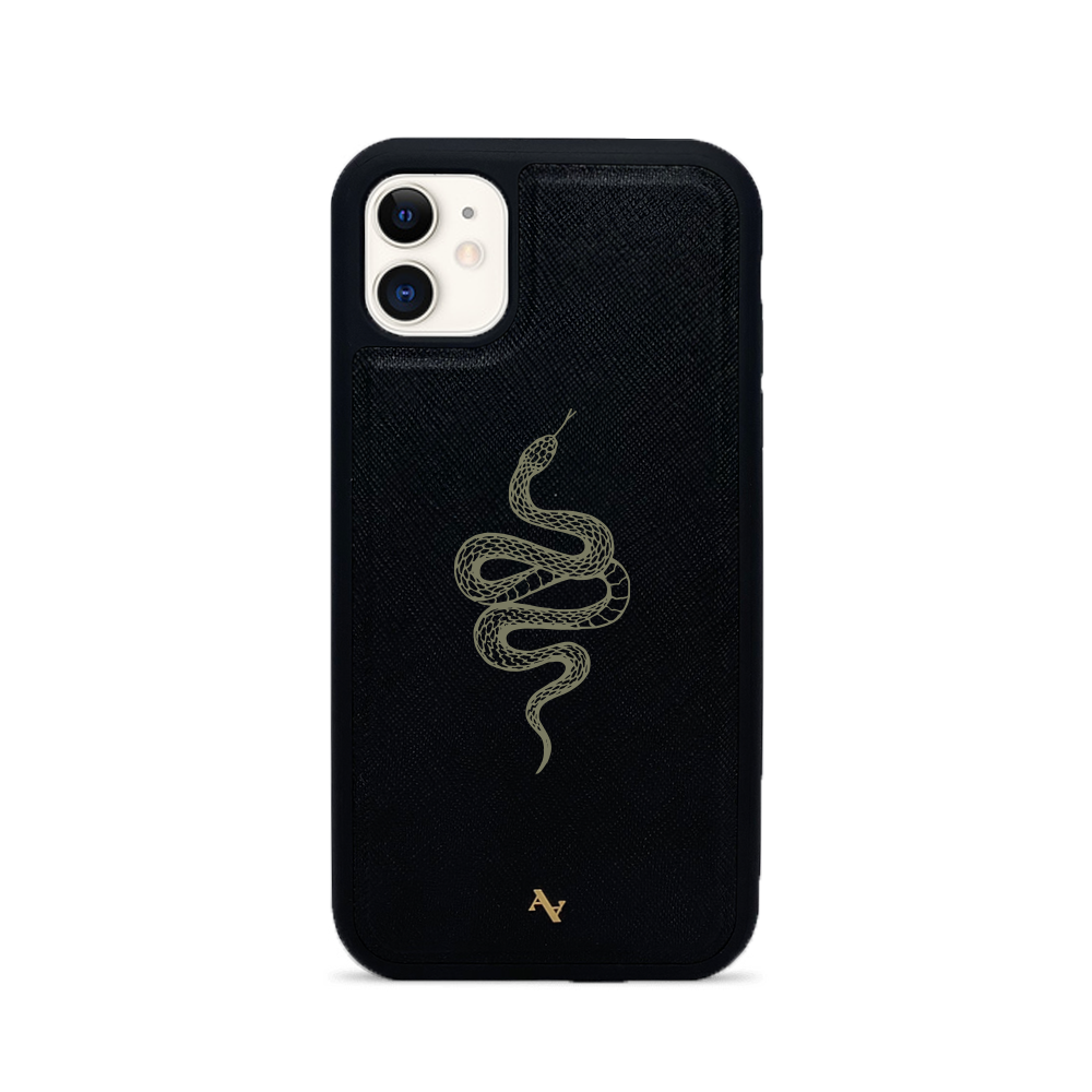 Black iPhone 11 leather case made of genuine saffiano leather with a soft rubber rim, featuring customizable monogram options.