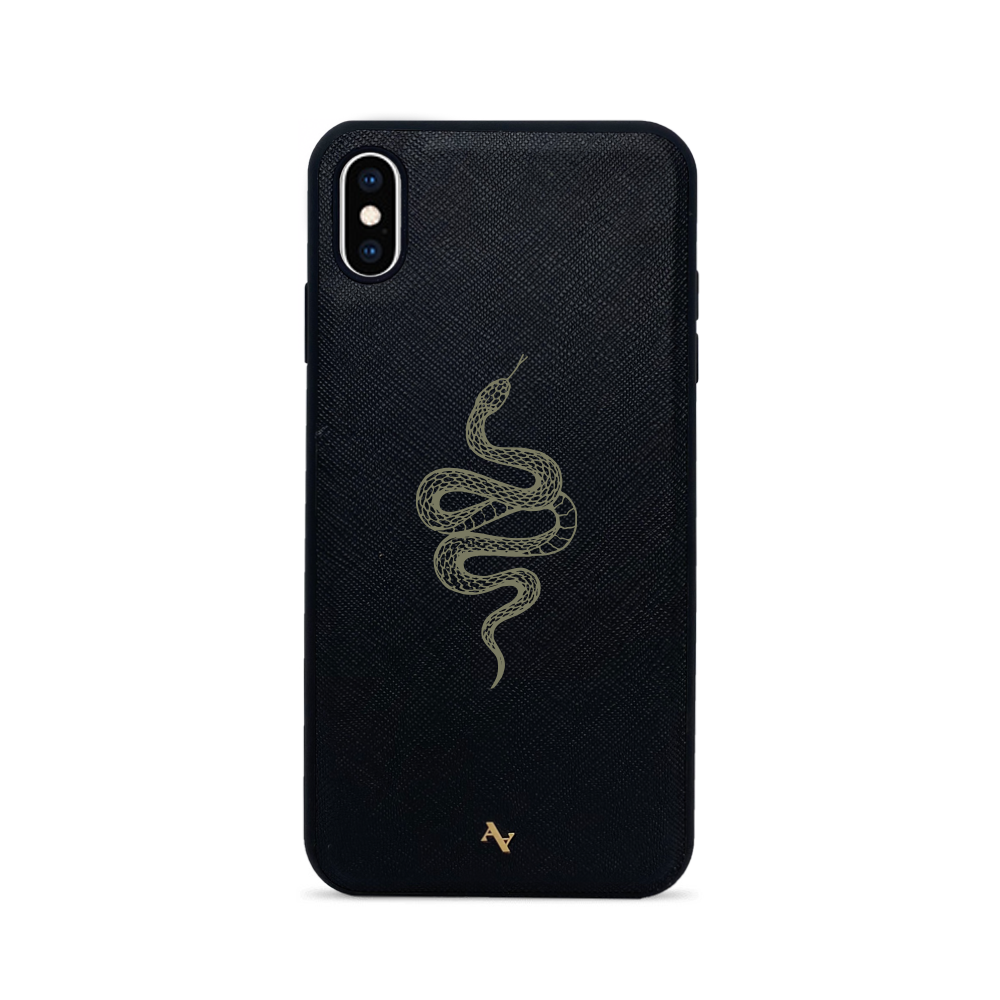 Black leather case for iPhone XS MAX with saffiano texture and rubber rim, featuring personalization options.