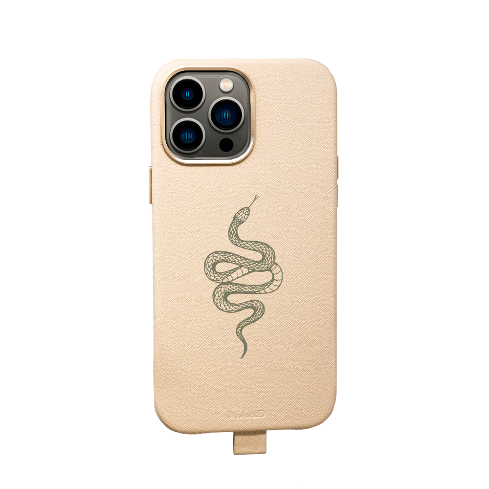 Full Wrapped Beige iPhone 13 Pro Max case made of vegan saffiano leather with gold pleated edges, showcasing personalization options.