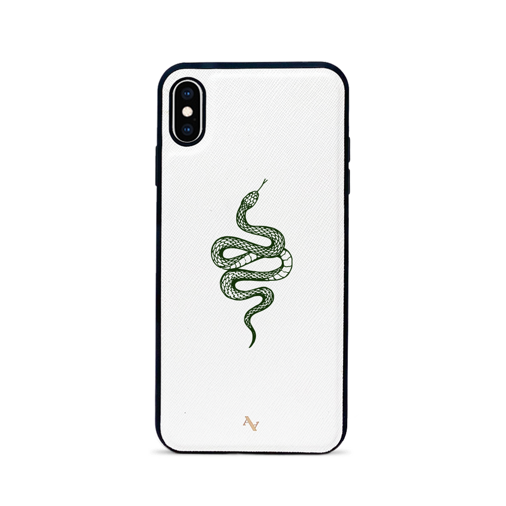 Stylish white saffiano leather case for iPhone XS MAX with soft rubber edges and personalization options.