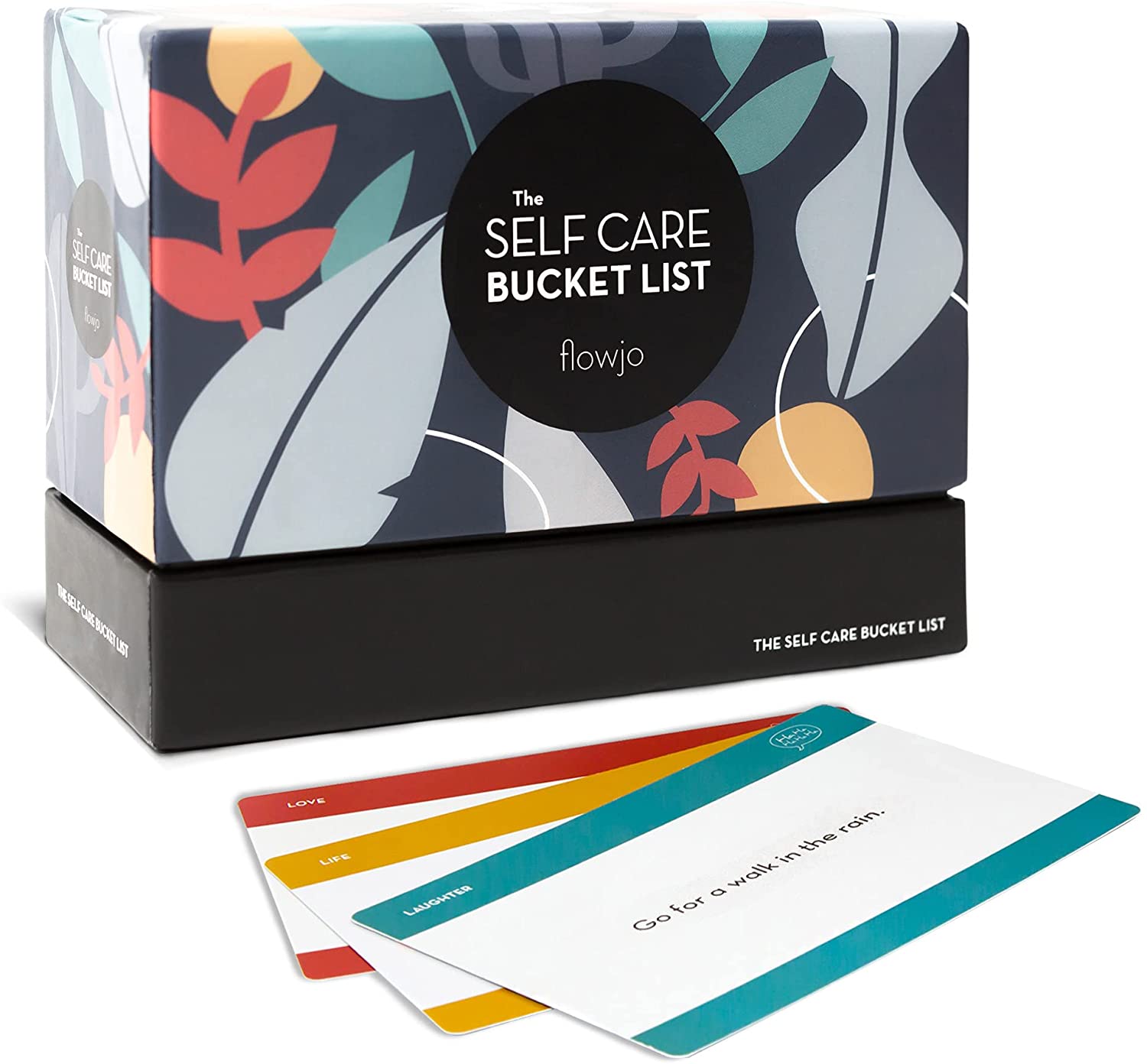 A beautifully designed box labeled 'Self Care Bucket List' filled with colorful cards and activities promoting self-love and well-being.