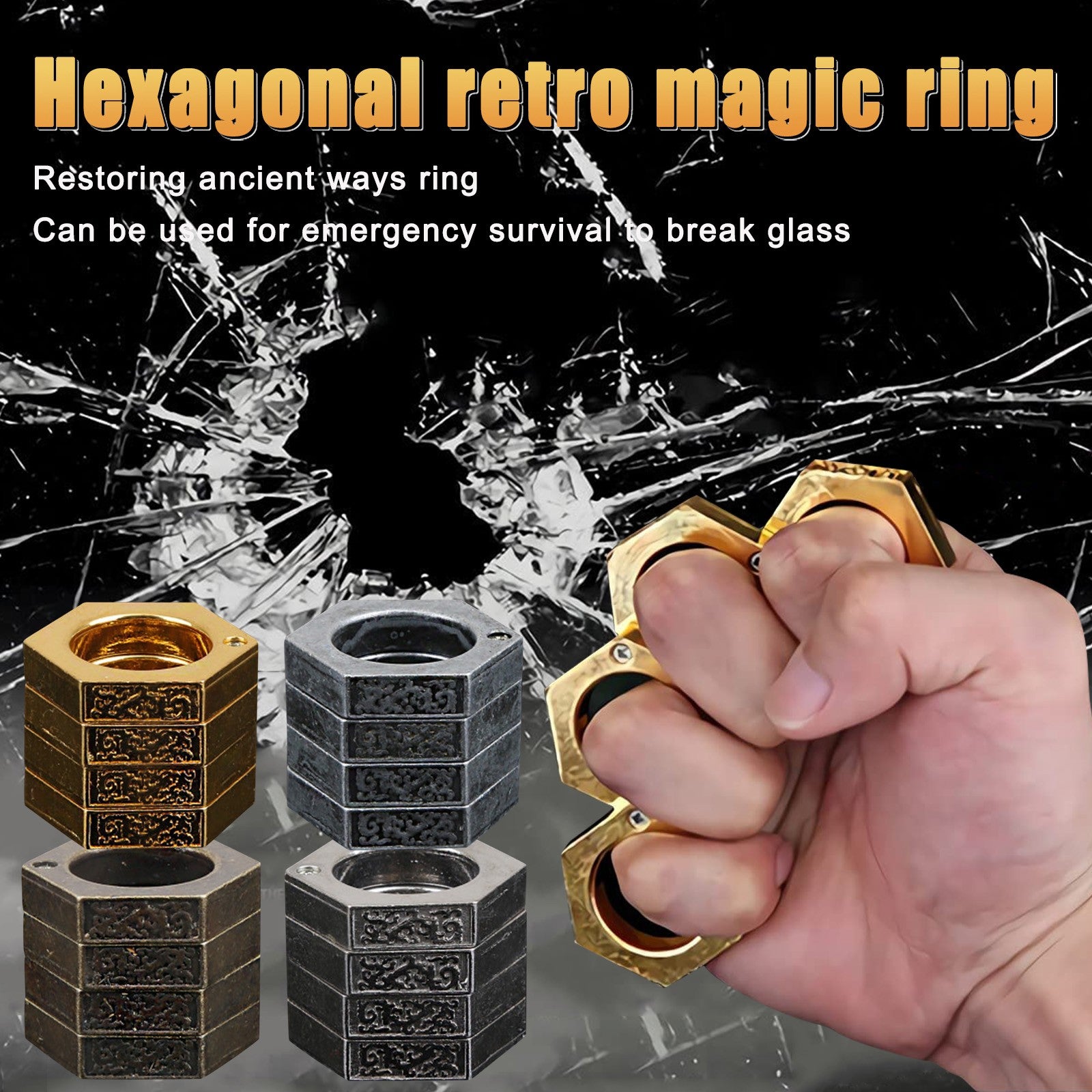 A stylish Self Defense Ring with a hexagon design, made of durable alloy, featuring an antique finish suitable for emergencies.