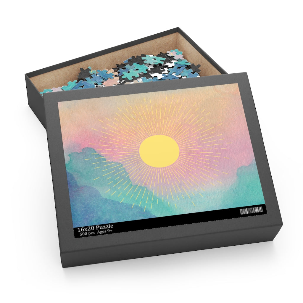 Shining Sun Jigsaw Puzzle featuring 500 high-quality chipboard pieces in a vibrant design, packaged in a gift-ready box.