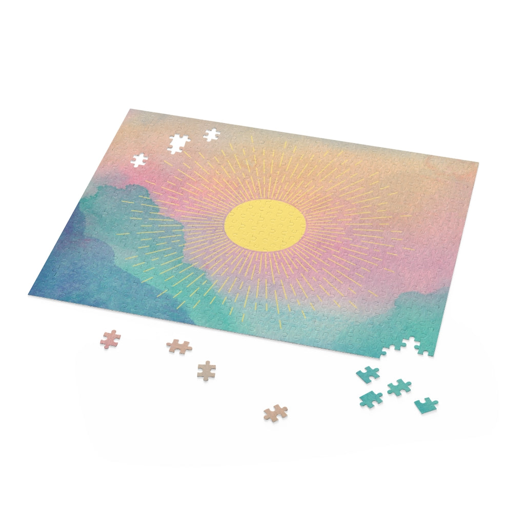 Shining Sun Jigsaw Puzzle featuring 500 high-quality chipboard pieces in a vibrant design, packaged in a gift-ready box.