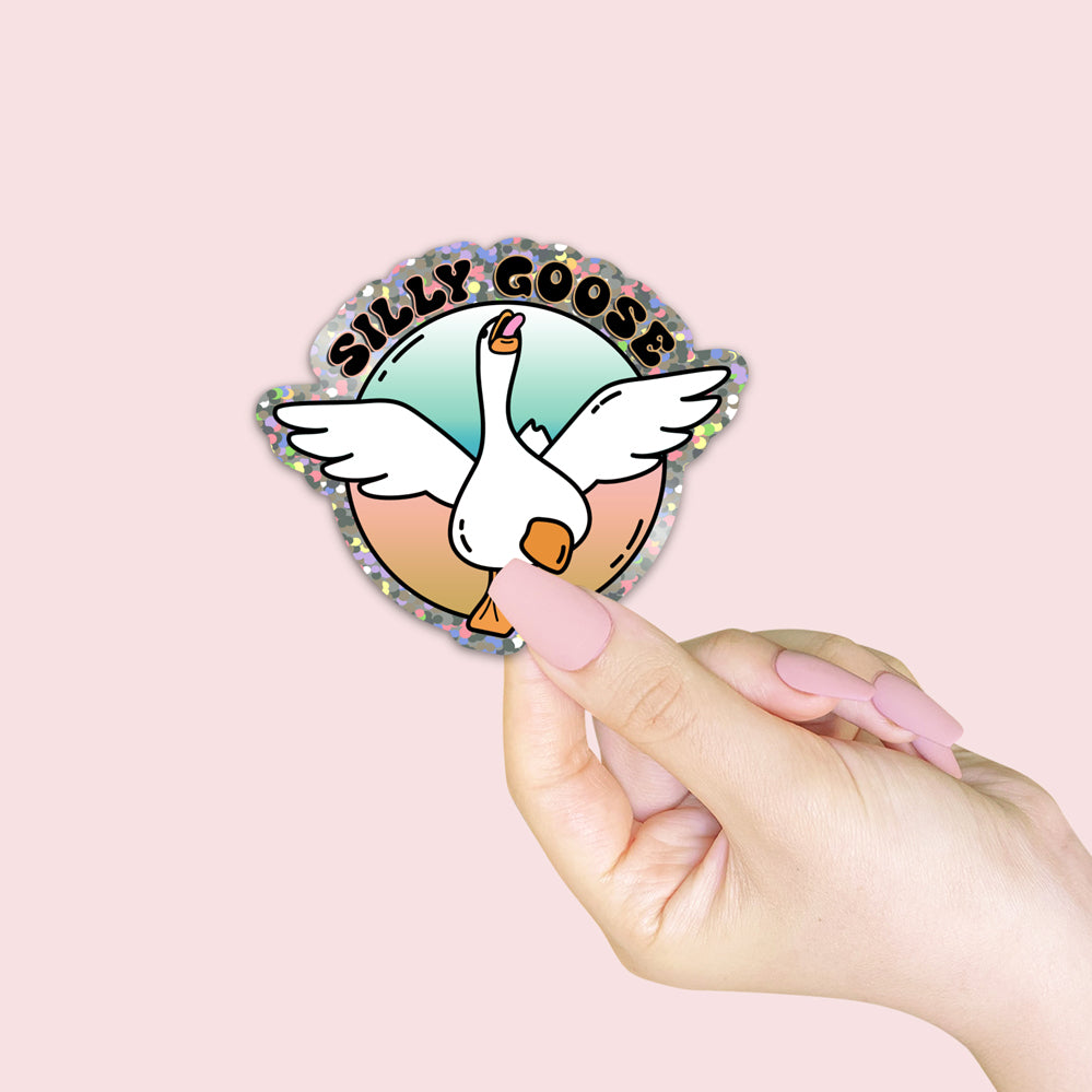 Silly Goose Glitter sticker featuring a vibrant glitter effect, perfect for decorating various items like water bottles and journals.