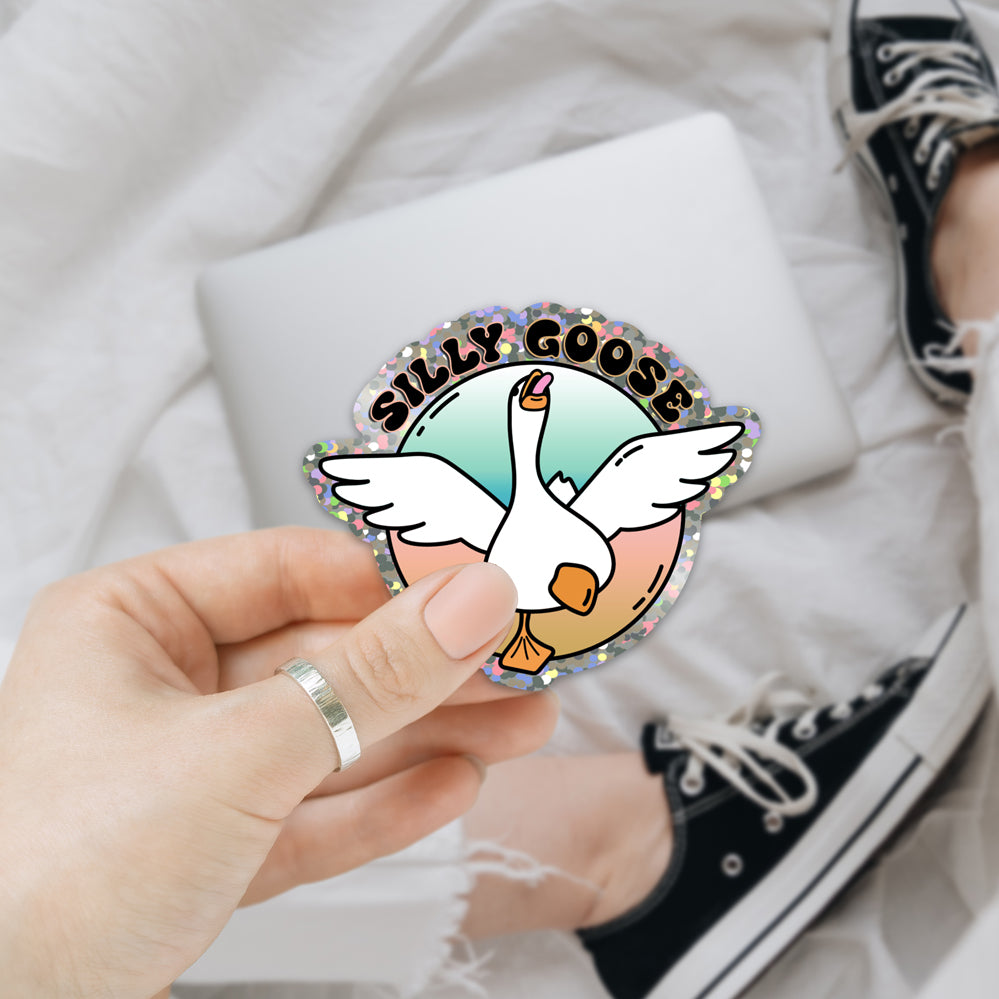 Silly Goose Glitter sticker featuring a vibrant glitter effect, perfect for decorating various items like water bottles and journals.