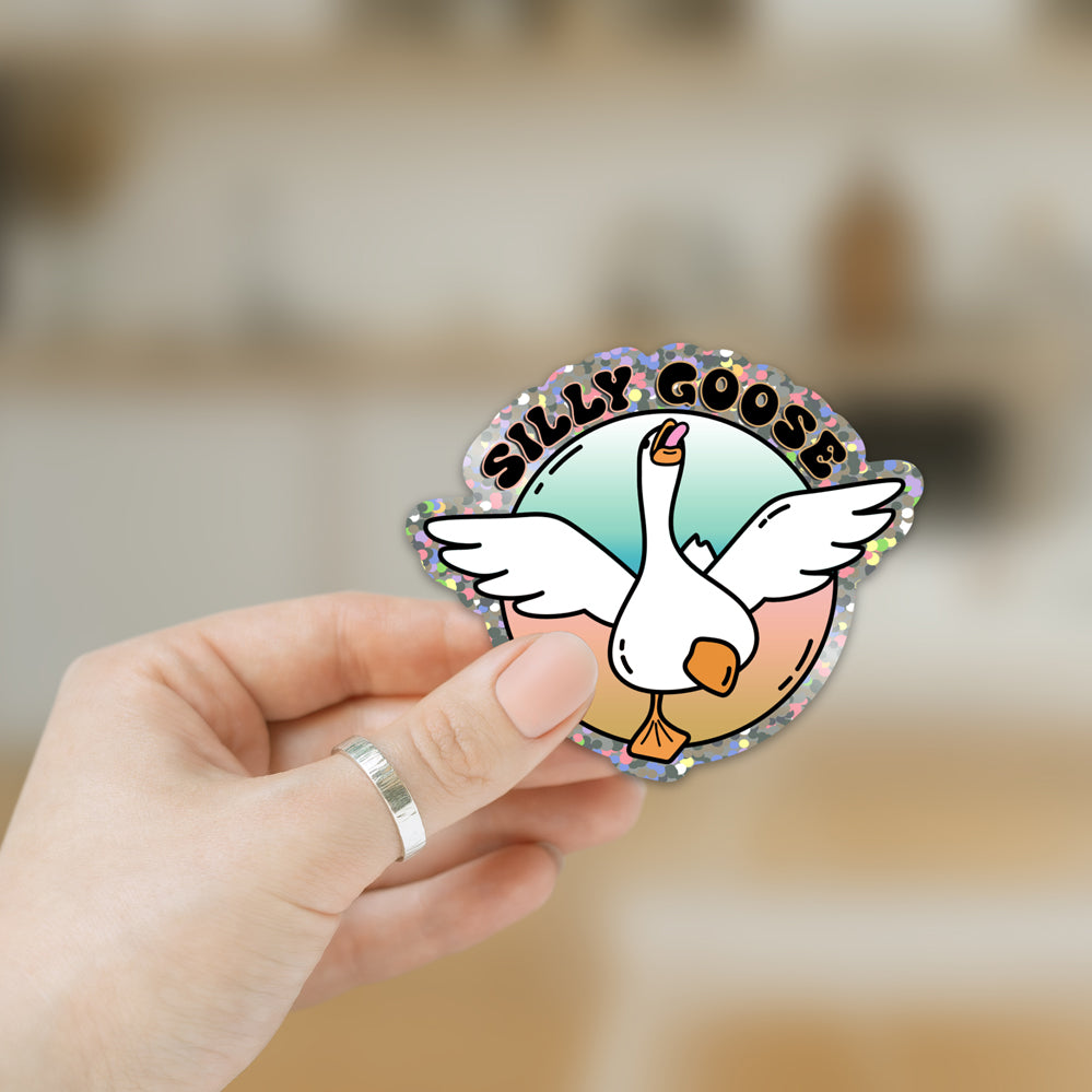 Silly Goose Glitter sticker featuring a vibrant glitter effect, perfect for decorating various items like water bottles and journals.