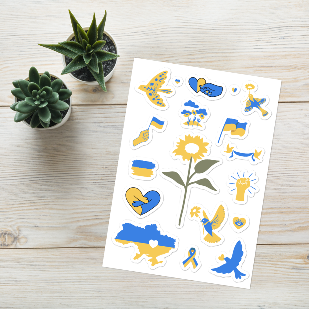 Stand With Ukraine Sticker Sheet featuring glossy stickers with vibrant designs for personalizing items.