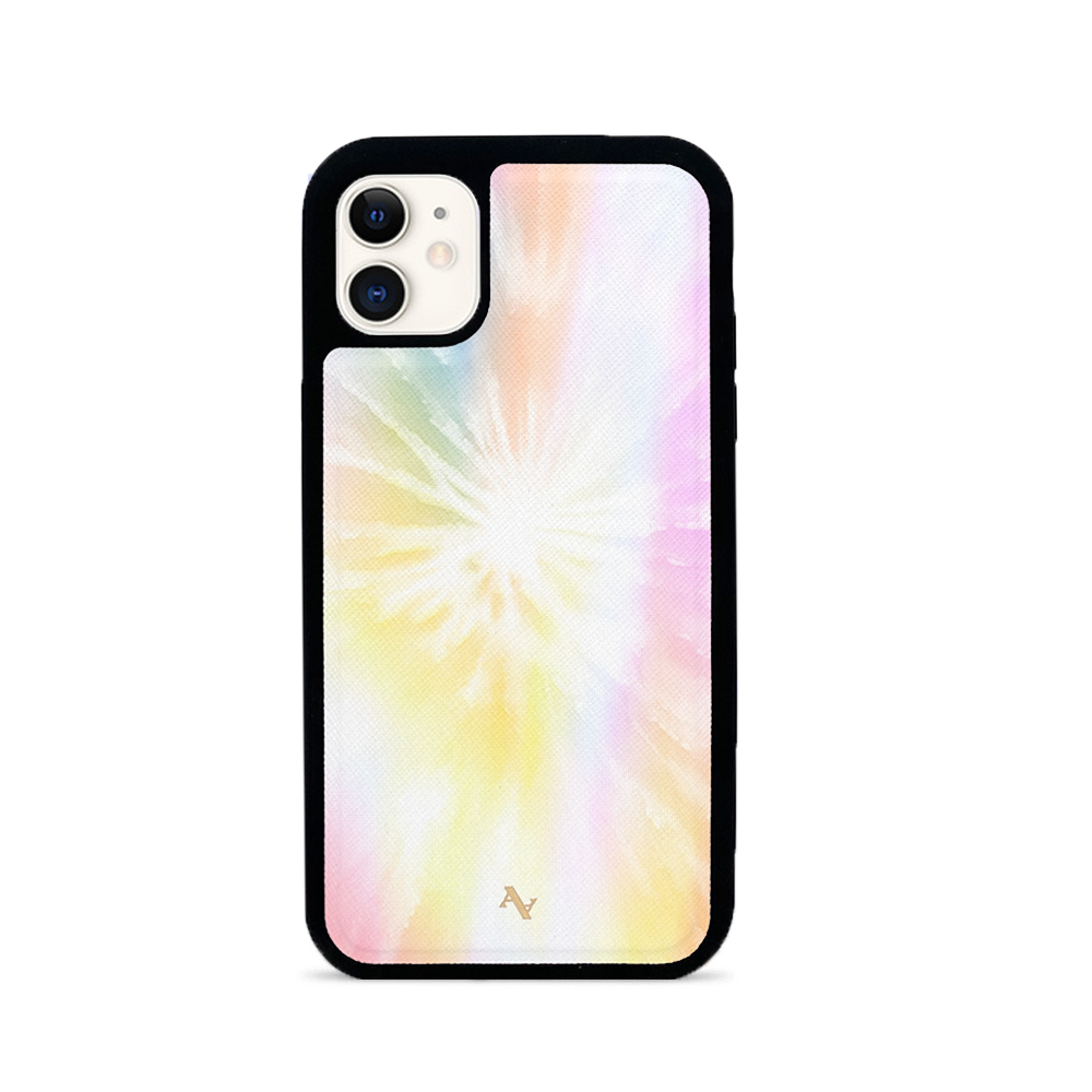 Vibrant Summer Bright Tie Dye Leather Case for iPhone 11, showcasing a colorful tie-dye pattern with a sleek design.