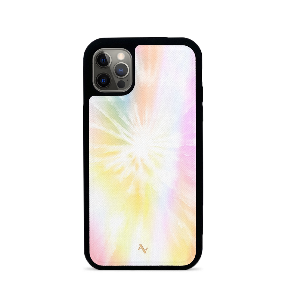 Summer Bright Tie Dye iPhone 12 Pro Leather Case featuring vibrant colors and a sleek design with a soft rubber rim.