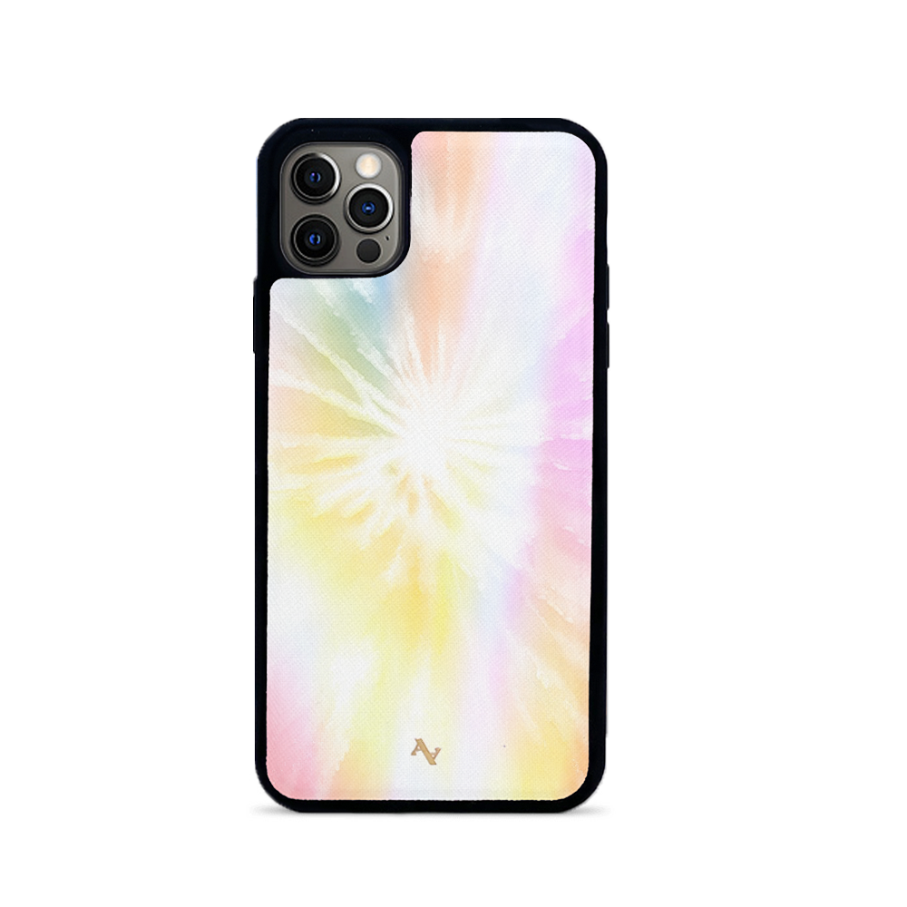 Summer Bright Tie Dye Leather Case for iPhone 12 Pro Max, featuring vibrant colors and a sleek design with a soft rubber rim.