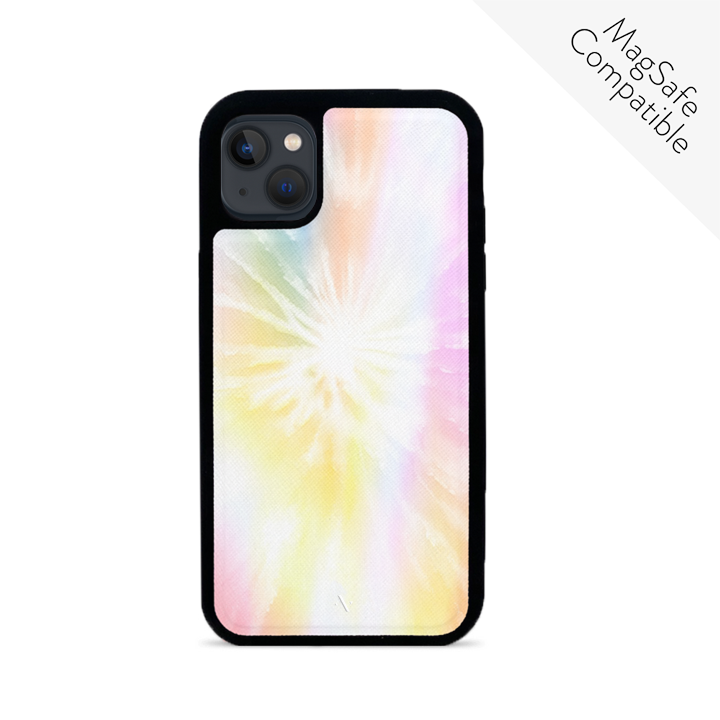 Bright tie-dye iPhone 13 Mini leather case with a soft rubber rim, showcasing vibrant colors and personalized monogram options.