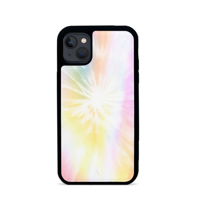 Bright tie-dye iPhone 13 Mini leather case with a soft rubber rim, showcasing vibrant colors and personalized monogram options.