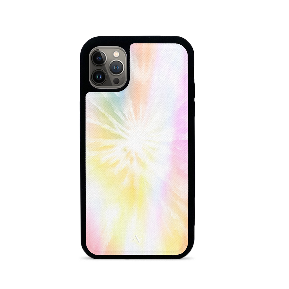 Bright tie-dye iPhone 13 Pro leather case with vegan saffiano leather and rubber rim, showcasing vibrant colors and personalized options.