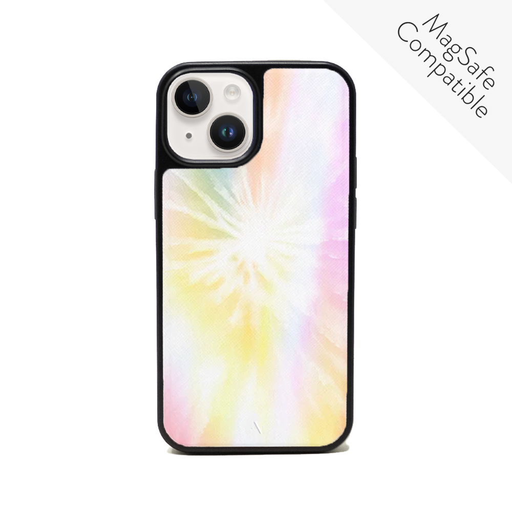 Vibrant Summer Bright Tie Dye Leather Case for iPhone 14, featuring vegan leather and a soft rubber rim for protection.