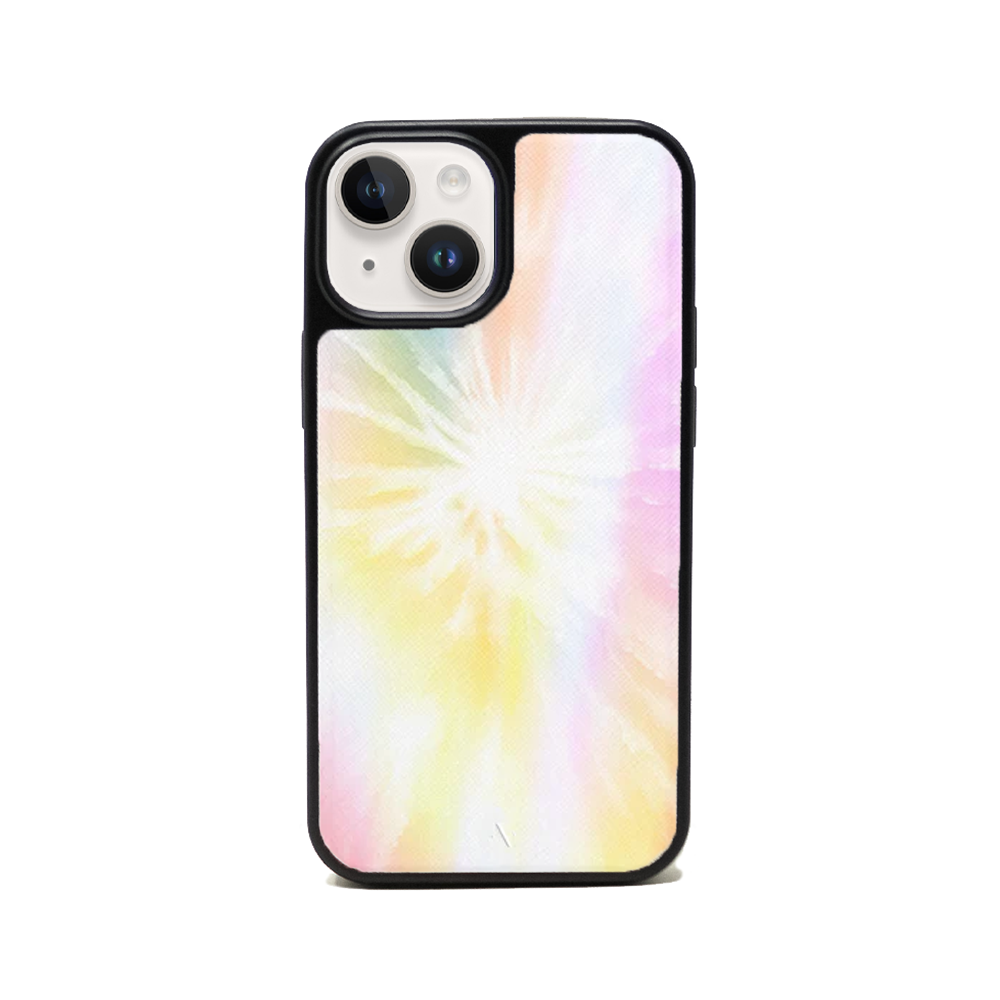 Vibrant Summer Bright Tie Dye Leather Case for iPhone 14, featuring vegan leather and a soft rubber rim for protection.