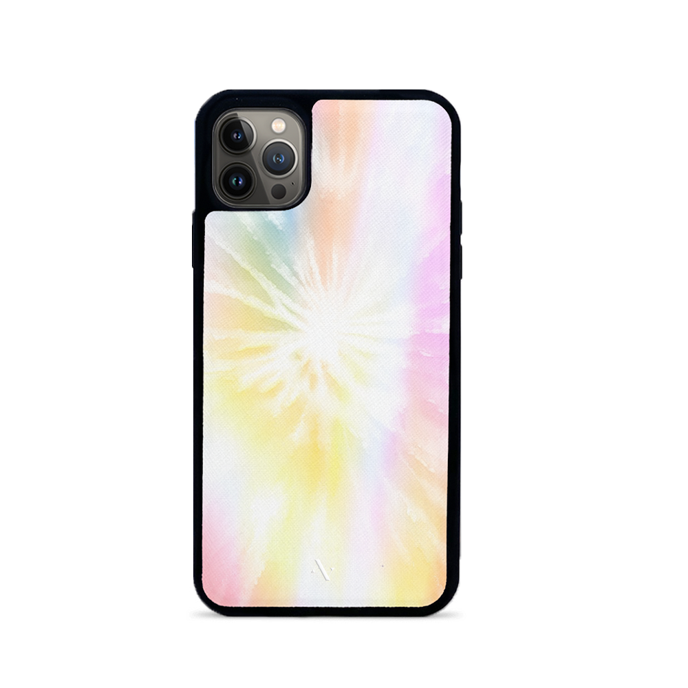 Bright tie-dye iPhone 14 Pro Max leather case with a soft rubber rim, showcasing vibrant colors and personalized monogram options.