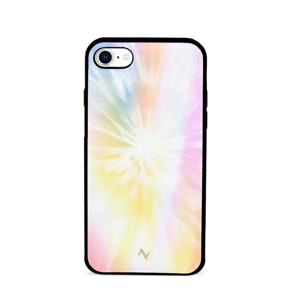 Summer Bright Tie Dye Leather Case for iPhone 7/8/SE, showcasing vibrant colors and genuine saffiano leather with a soft rubber rim.