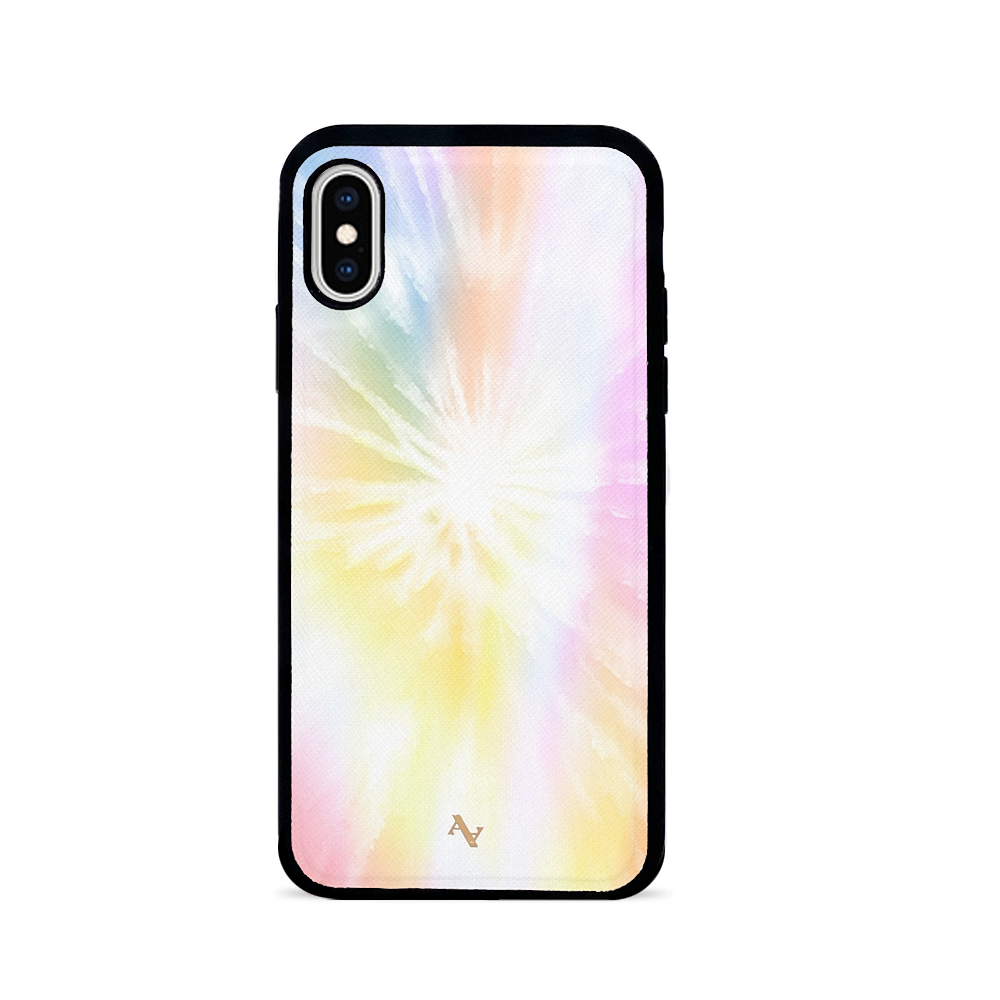 Summer Bright Tie Dye Leather Case for iPhone X/XS, featuring vibrant colors and a sleek design with a soft rubber rim.