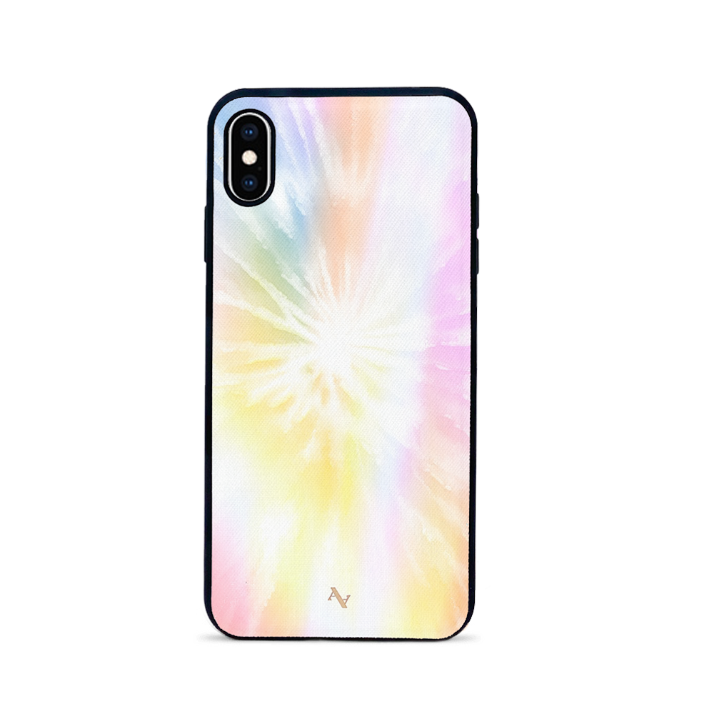 Bright tie-dye leather case for iPhone XS MAX with a soft rubber rim, showcasing vibrant colors and personalization options.