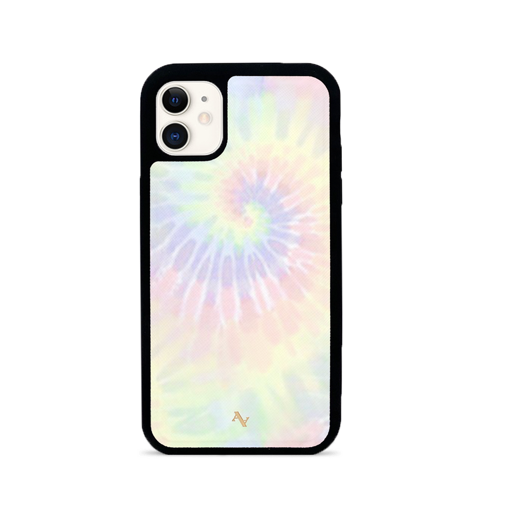 Summer Pastel Tie Dye iPhone 11 Leather Case with saffiano leather and rubber rim, showcasing vibrant colors and personalized monogram options.