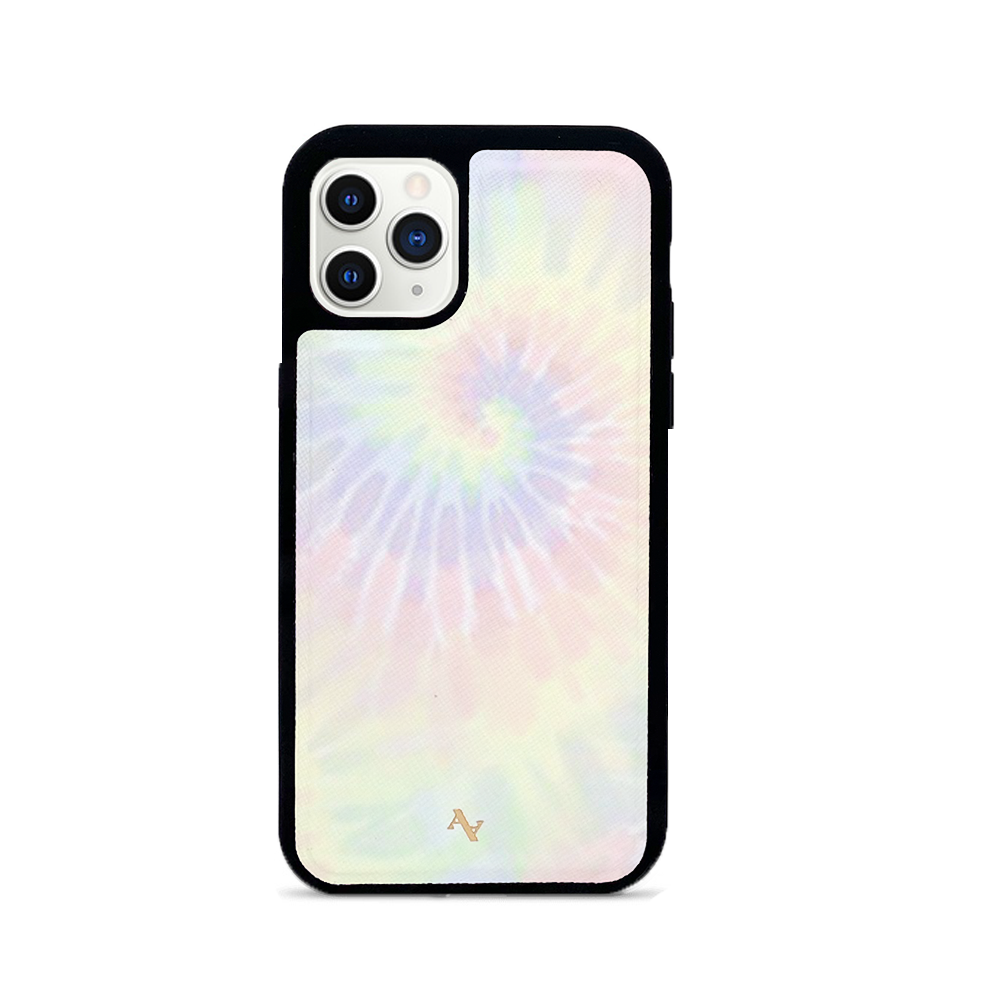 Summer pastel tie dye leather case for iPhone 11 Pro with soft rubber rim and personalization options.