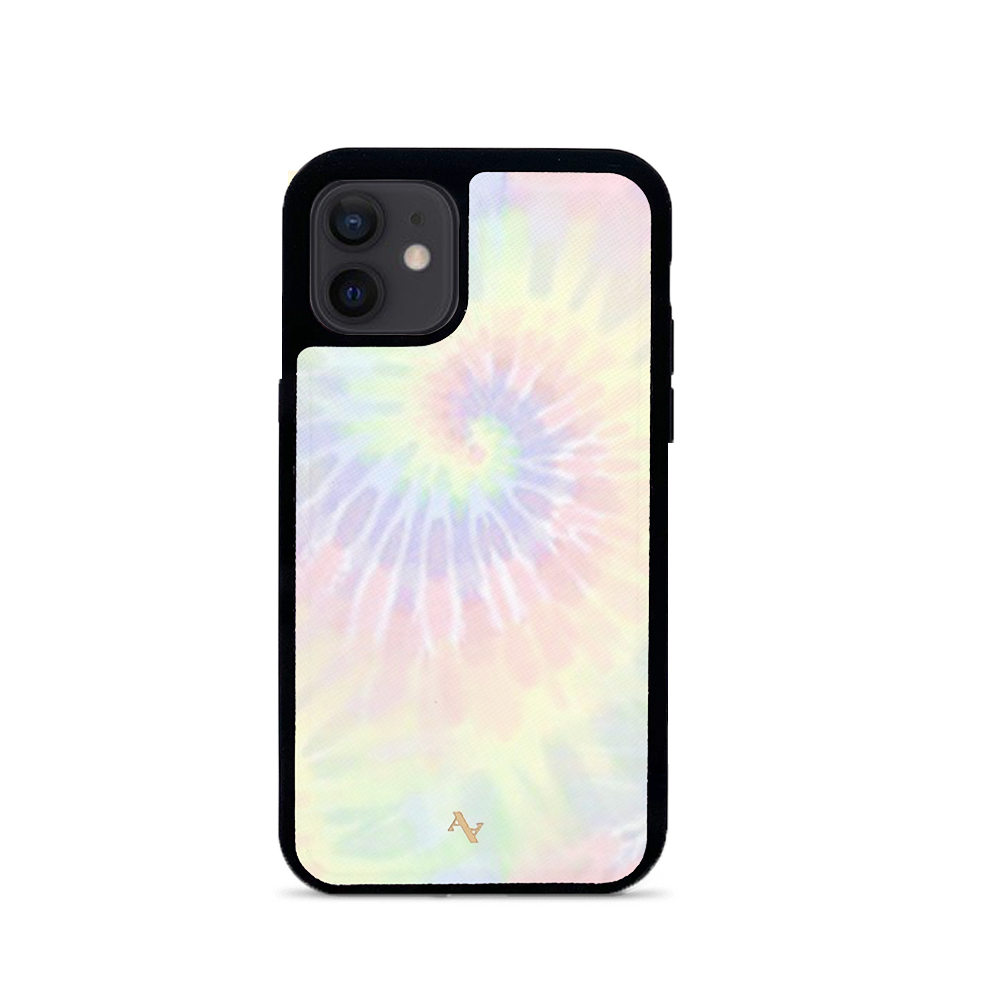 Pastel tie dye leather case for iPhone 12 Mini with soft rubber rim and personalization options.