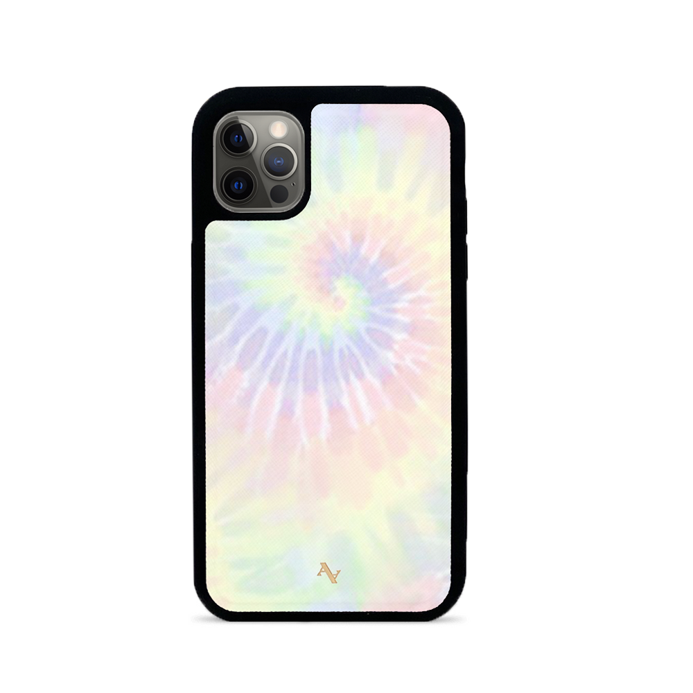 Summer pastel tie dye leather case for iPhone 12 Pro with customizable monogram options.