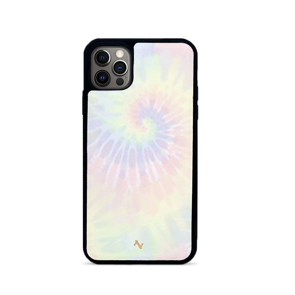 Pastel tie-dye leather case for iPhone 12 Pro Max with soft rubber edges, showcasing a stylish and personalized design.