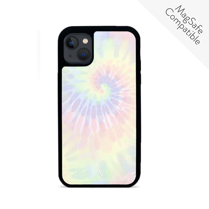 Summer Pastel Tie Dye iPhone 13 Mini Leather Case with vegan saffiano leather and soft rubber rim, showcasing a trendy design.