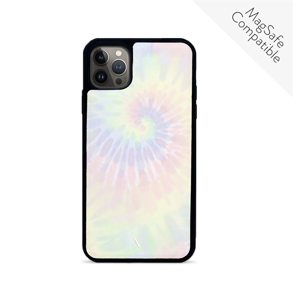 Summer Pastel Tie Dye Leather Case for iPhone 13 Pro Max, featuring a vibrant tie dye design and vegan leather material.