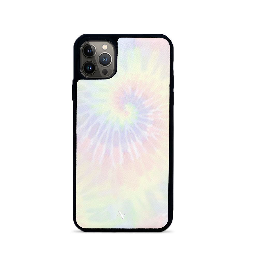 Summer Pastel Tie Dye Leather Case for iPhone 13 Pro Max, featuring a vibrant tie dye design and vegan leather material.