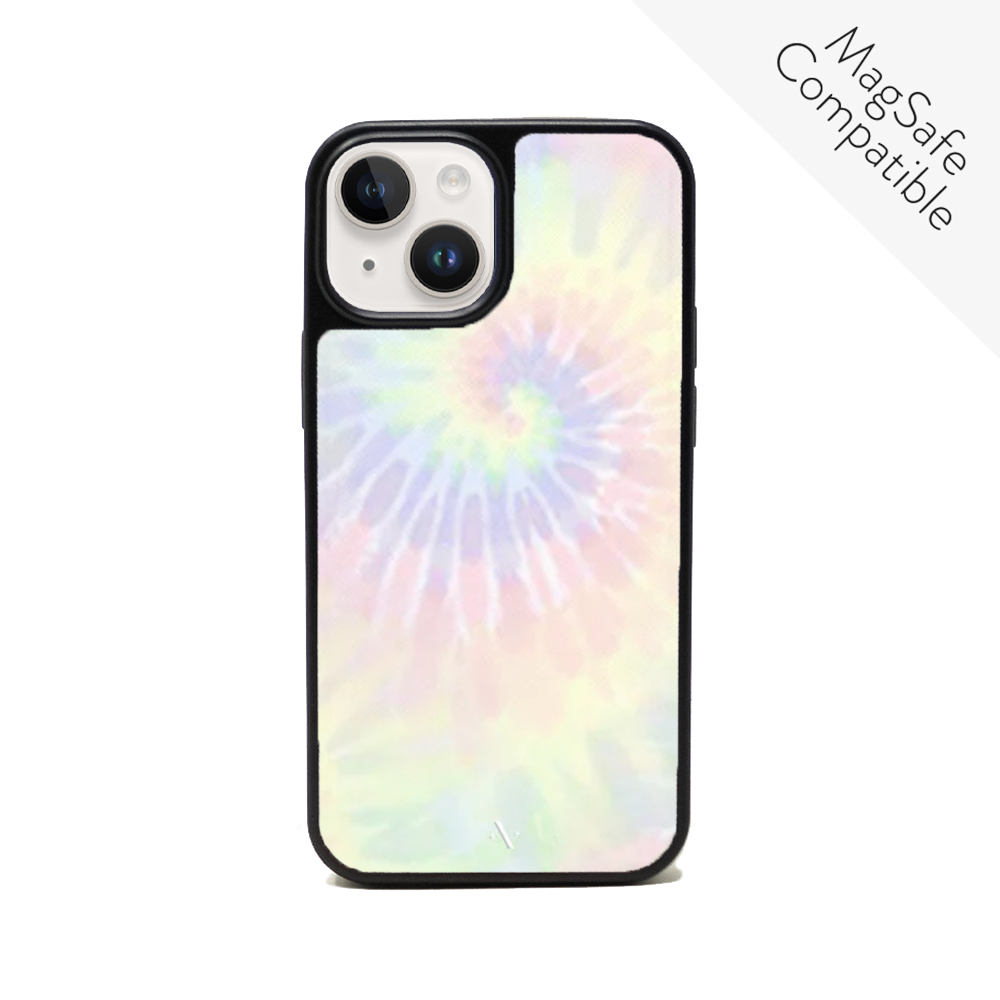 Summer Pastel Tie Dye iPhone 14 Plus Leather Case with soft rubber rim and personalized monogram options.