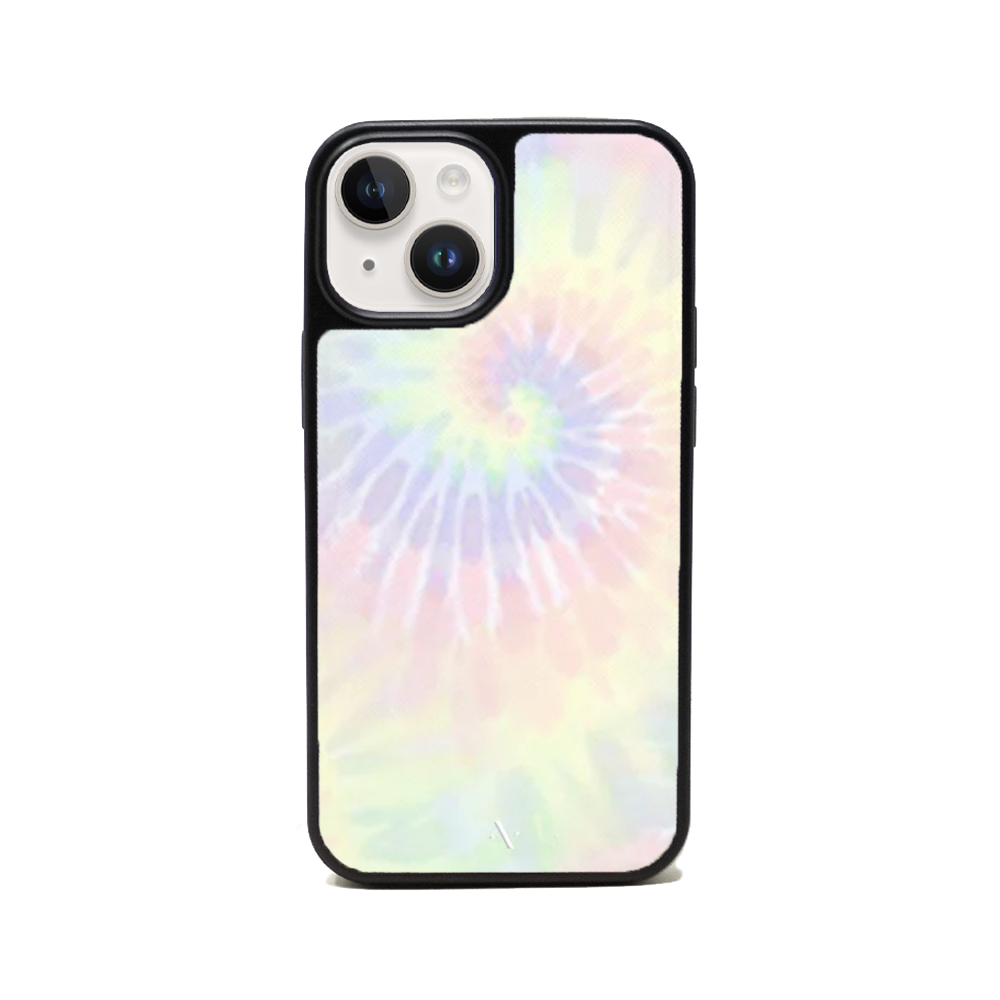 Summer Pastel Tie Dye iPhone 14 Plus Leather Case with soft rubber rim and personalized monogram options.