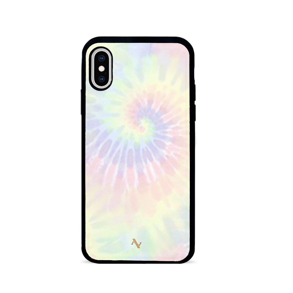 Pastel tie dye leather case for iPhone X/XS with soft rubber rim, showcasing vibrant colors and personalization options.