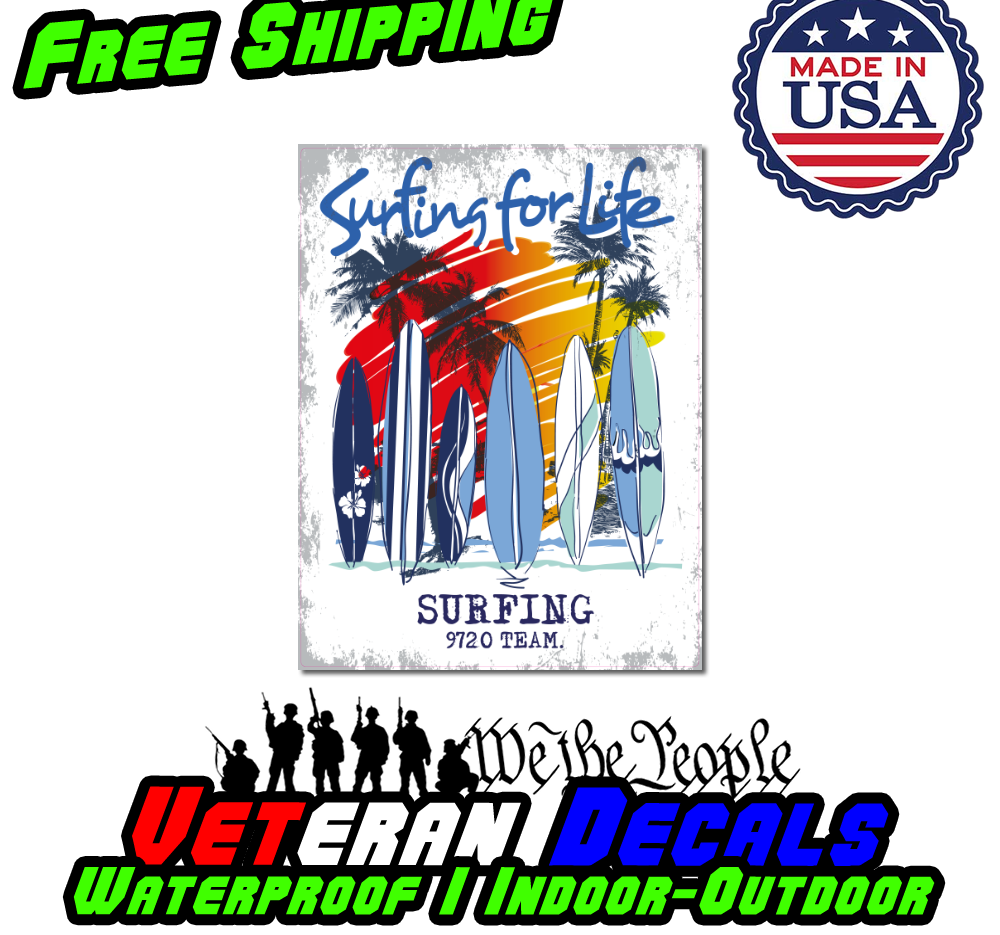 Surfing for Life Art JDM Funny Vinyl Decal Sticker on a car, showcasing vibrant colors and surf-themed design.