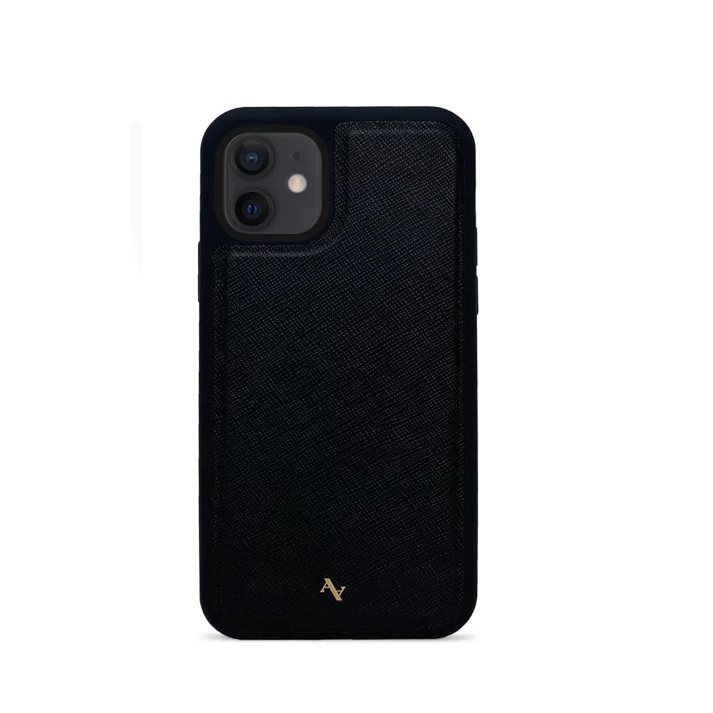 Black leather case for iPhone 14 Pro made from vegan saffiano leather with a soft rubber rim, showcasing personalization options.