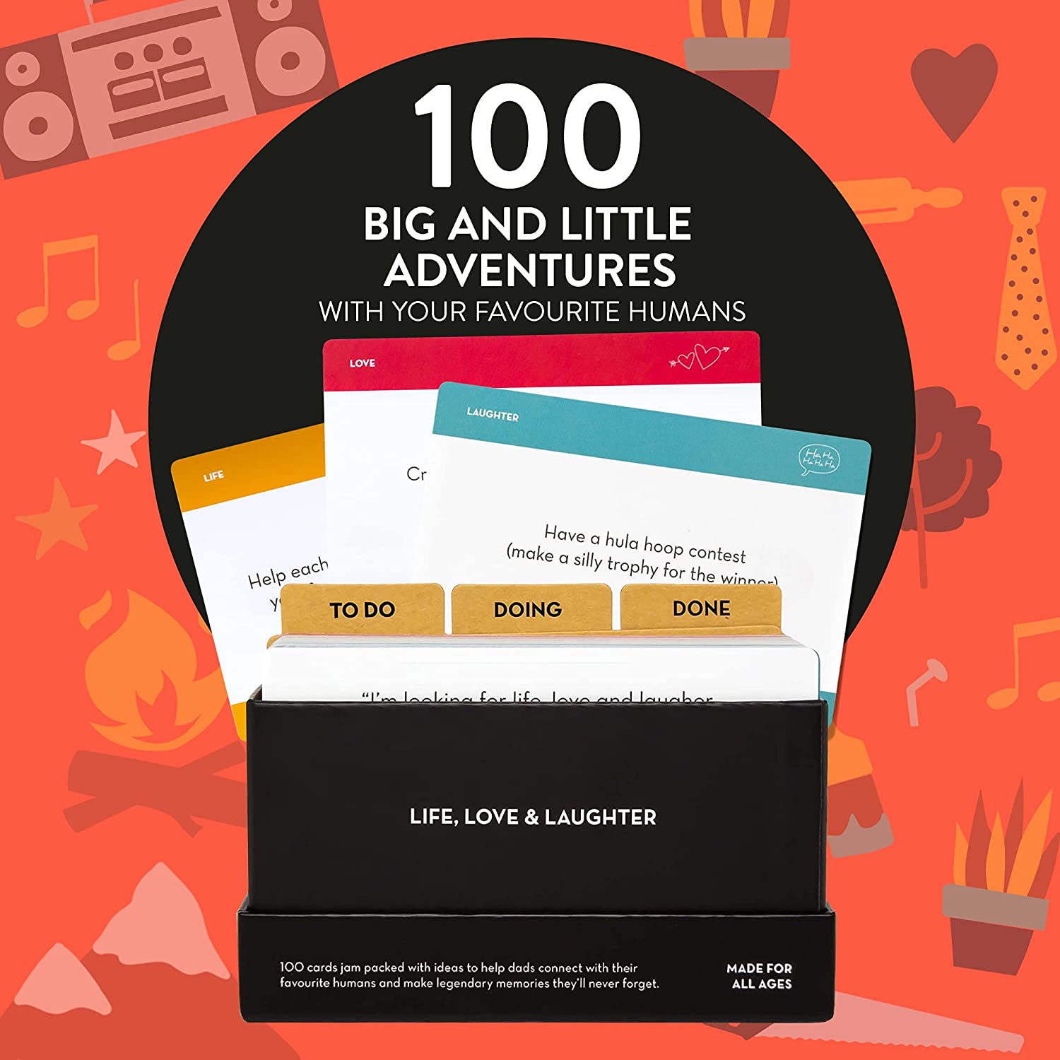 The Dad's Bucket List box featuring 100 adventure ideas for fathers and children, designed to create memorable experiences.