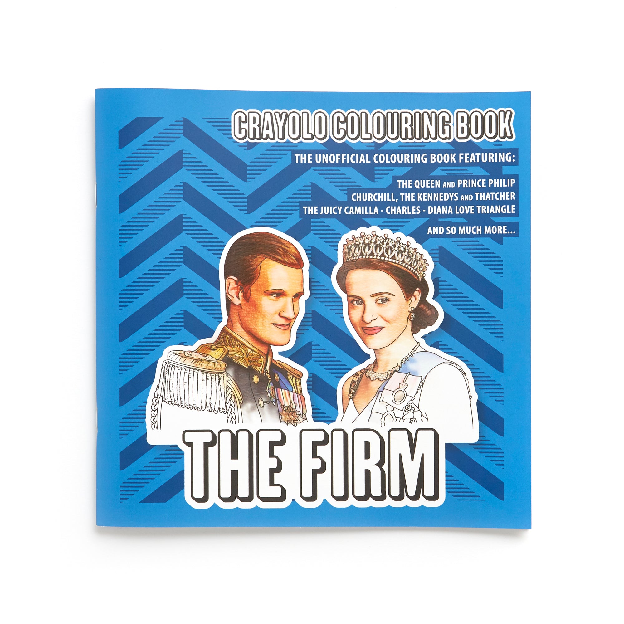 The Firm Colouring Book featuring royal-themed illustrations inspired by The Crown, showcasing Queen Elizabeth and Princess Margaret.