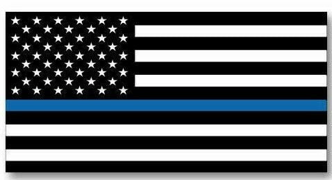 Thin Blue Line Blue Lives Matter Flag Sticker, a vinyl decal featuring a blue line on a black and white American flag background, symbolizing support for law enforcement.