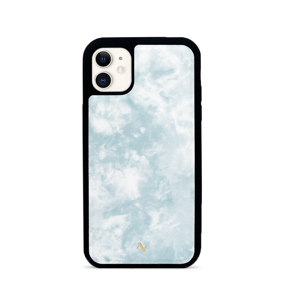 Tie Dye Blue Fever iPhone 11 leather case featuring a vibrant tie-dye pattern and soft rubber rim for protection.