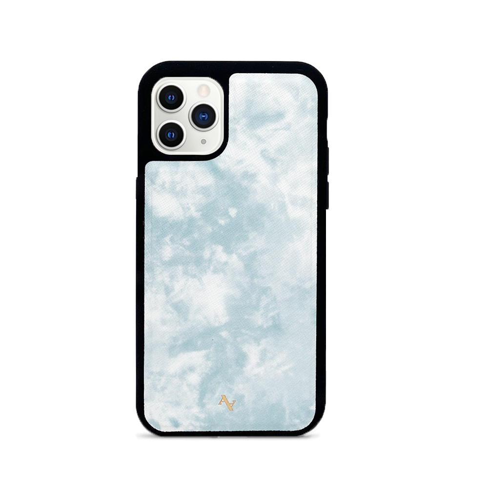 Tie Dye Blue Fever iPhone 11 Pro leather case featuring a vibrant tie-dye design and genuine saffiano leather with a soft rubber rim.